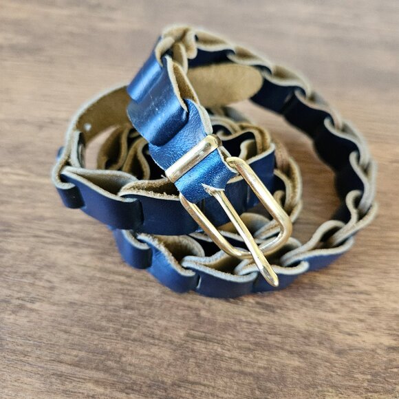 Vintage Dyed Leather Navy Blue Chain Link Loop Belt Hippie Retro 60s 70s S/M - Picture 2 of 7